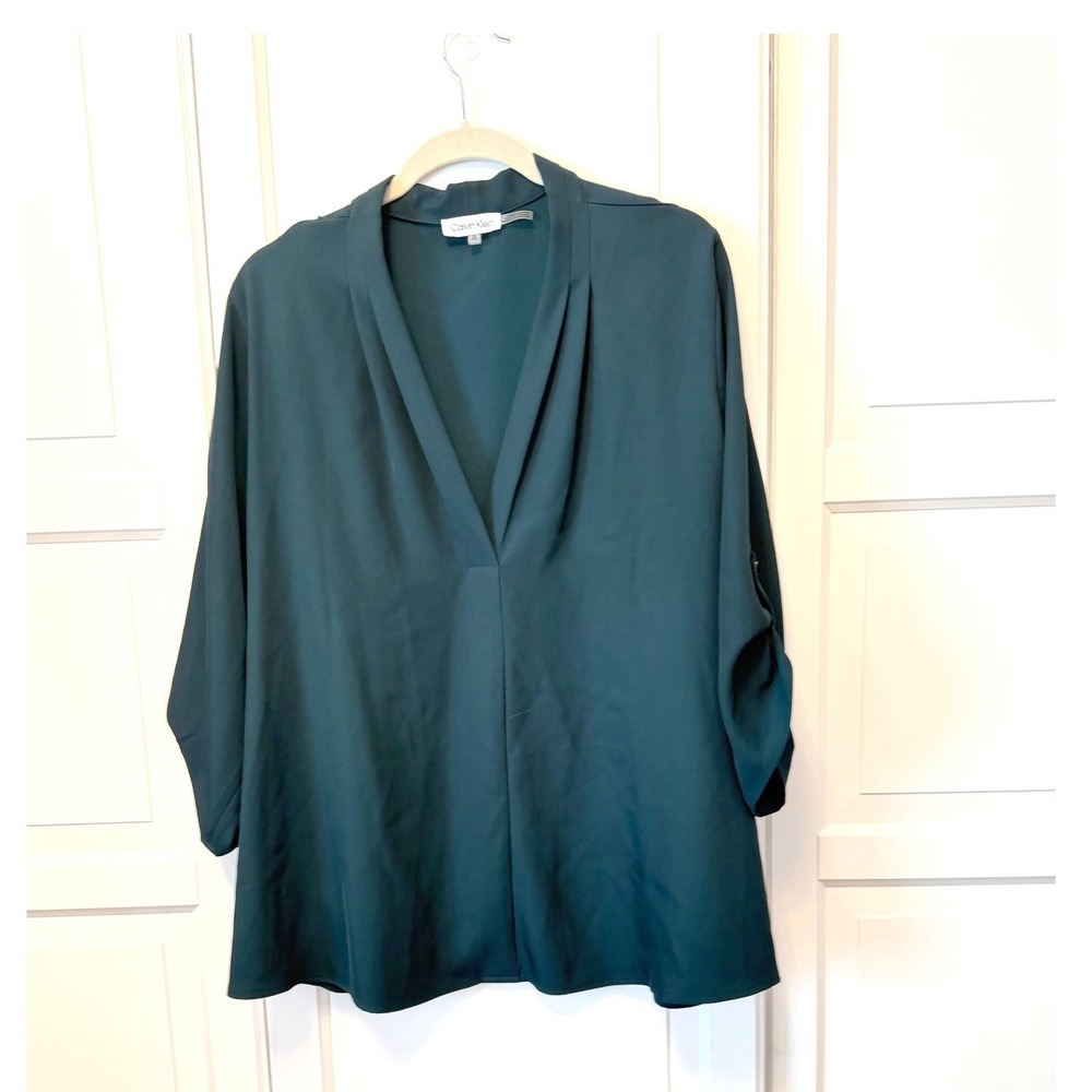 Calvin Klein Womens 2X Forest Green V-Neck Roll-Tab Sleeve Blouse
